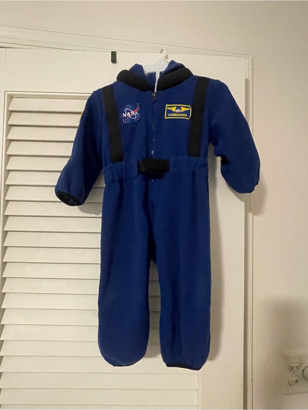 Blue One-Piece Fleece Jumpsuit with Hood. NASA space themed. Halloween costume